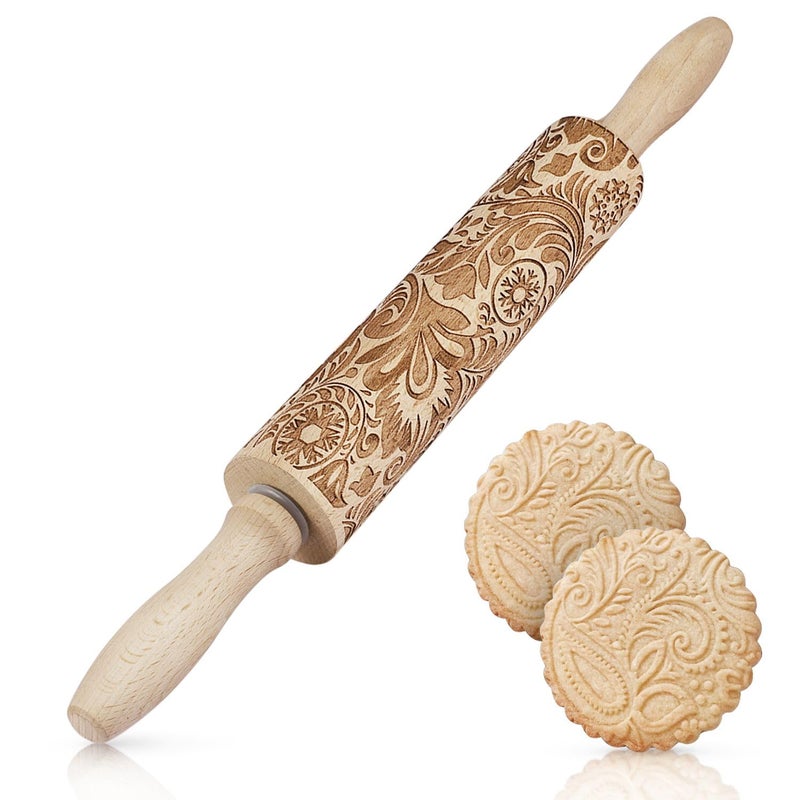 Flexzion Embossed Rolling Pins with Patterns for Baking, 7.7-inch Engraved Wooden Rolling Pin with Snowflake Flower Pattern Rolling Pin for Baking Pastry Pizza Dough Fondant Cookie Pie Crust Pasta - Image 1